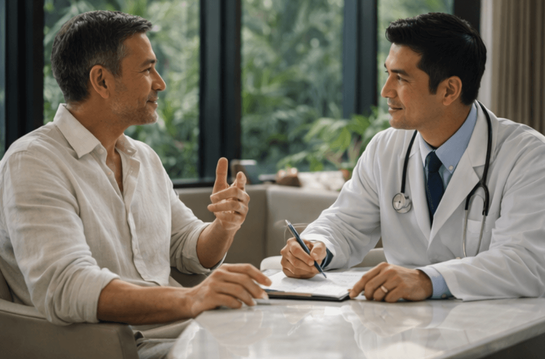 A patient gestures while speaking with a doctor in a white coat during a medical consultation.